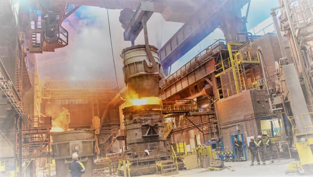 Overhead cranes at work in a steel plant
